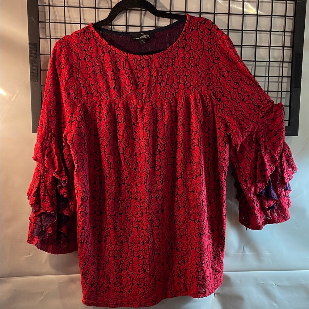 Suzanne Betro-  Red Lace top with Ruffled Sleeves